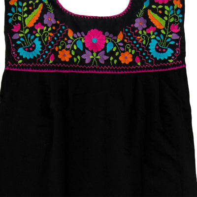 Maxi Isidra, Black Dress Hand embroidered with Colorful Flowers.