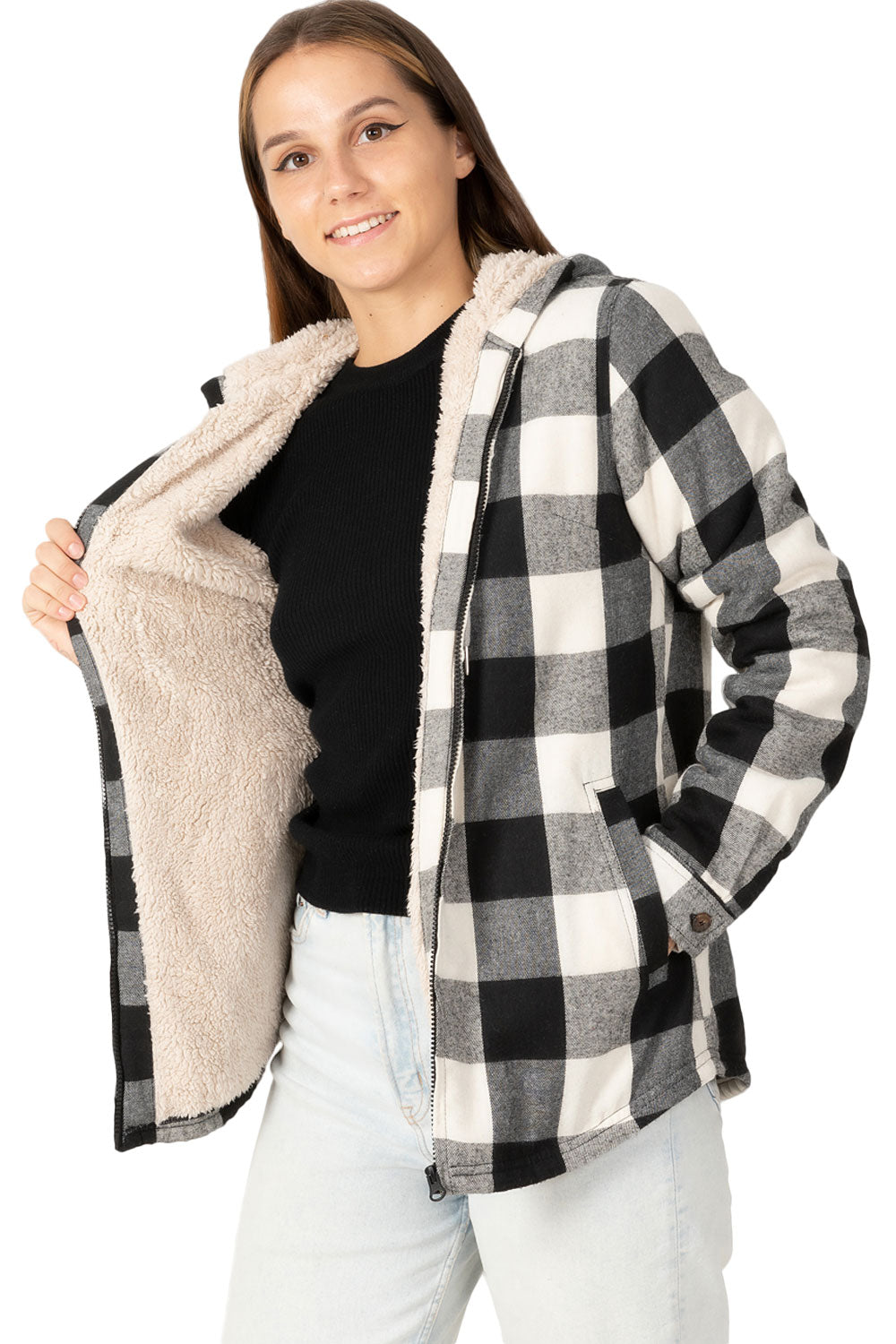 Women's Sherpa-Lined Flannel Jacket Full Zip Up Hooded Plaid Shirt