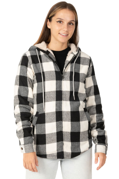 Women's Sherpa-Lined Flannel Jacket Full Zip Up Hooded Plaid Shirt