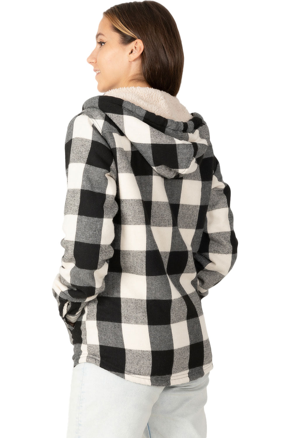 Women's Sherpa-Lined Flannel Jacket Full Zip Up Hooded Plaid Shirt