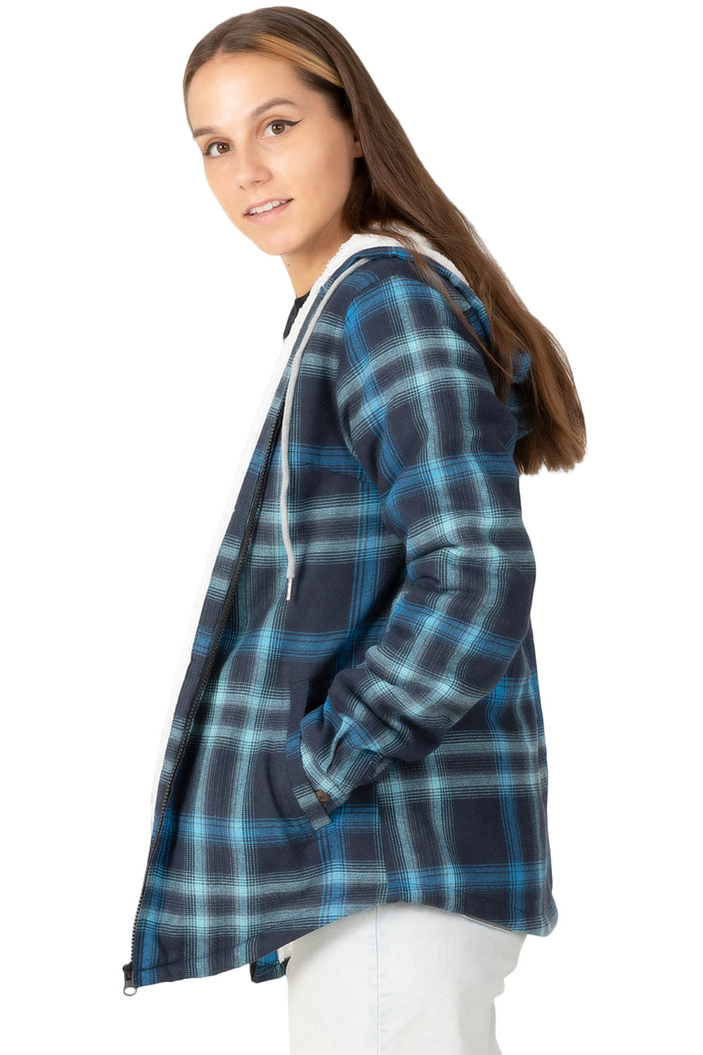 Women's Sherpa-Lined Flannel Jacket Full Zip Up Hooded Plaid Shirt