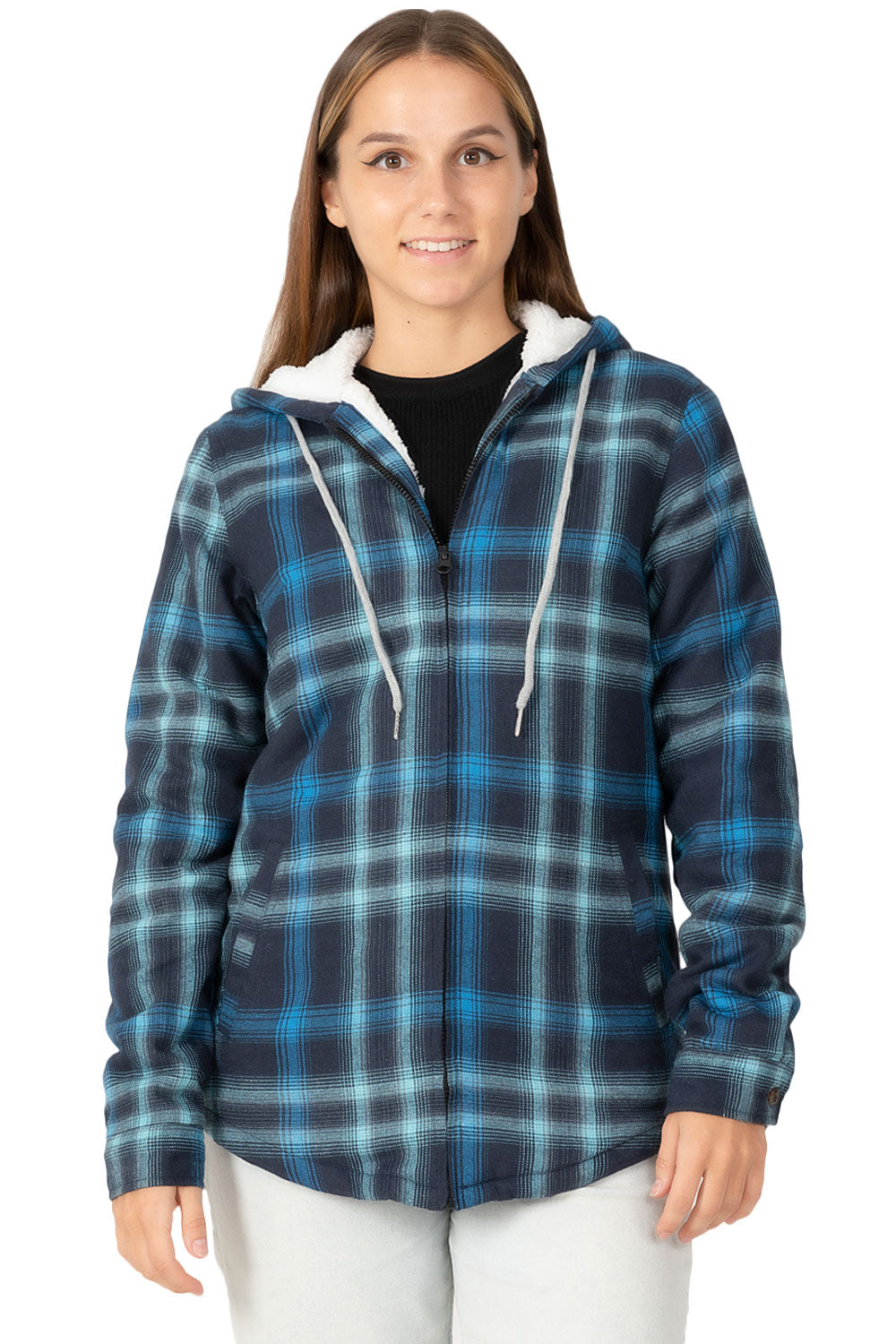 Women's Sherpa-Lined Flannel Jacket Full Zip Up Hooded Plaid Shirt