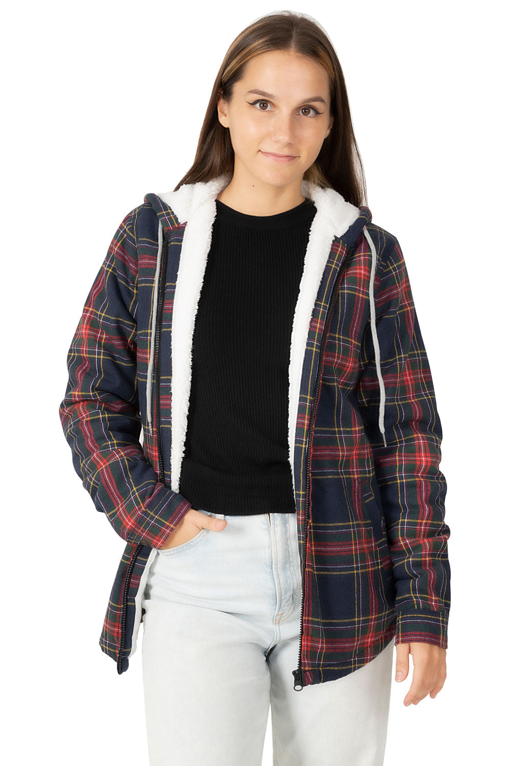 Women's Sherpa-Lined Flannel Jacket Full Zip Up Hooded Plaid Shirt