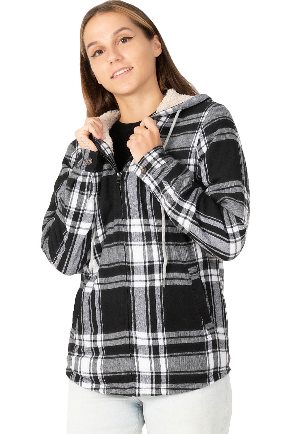 Women's Sherpa-Lined Flannel Jacket Full Zip Up Hooded Plaid Shirt