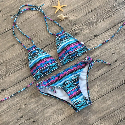 Two Piece Bikini Push Up Geometric Print Lace-up Thong Biikini Swim