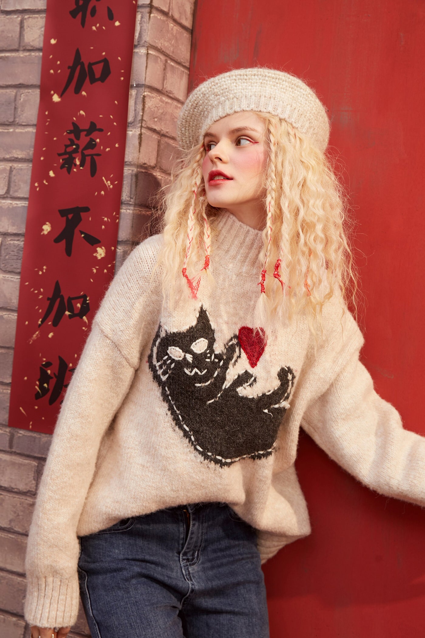 New Yew Cat Jacquard Casual Knit Pullover Sweater Women,Spring Vintage