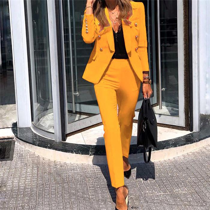 Designer Solid Suit Womens Two Piece Suit Slim Fit Fashion Lapel Long