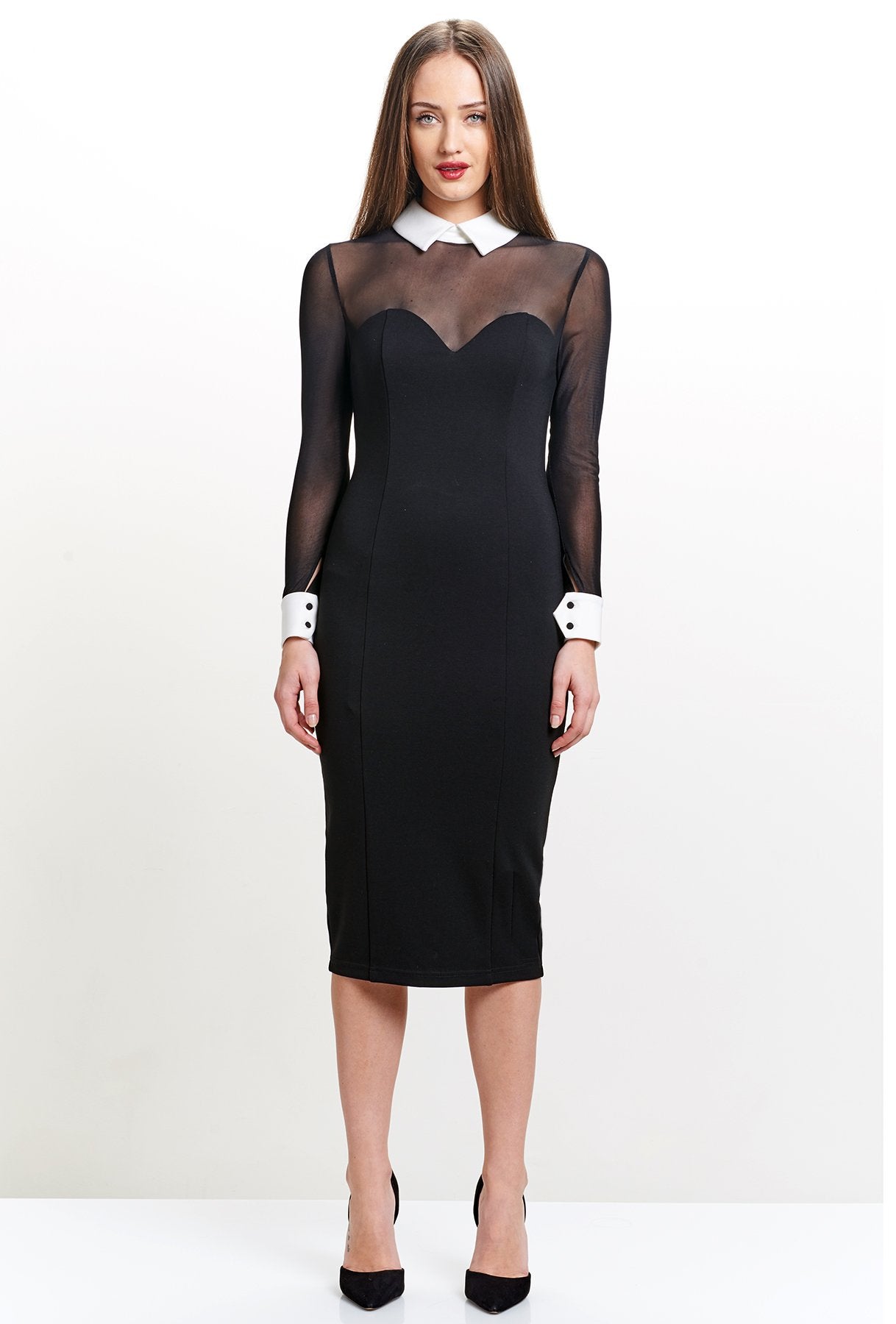 Tuxedo Illusion Dress - Midi dress with mesh sleeves, & contrast