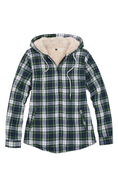 Women's Sherpa-Lined Flannel Jacket Full Zip Up Hooded Plaid Shirt