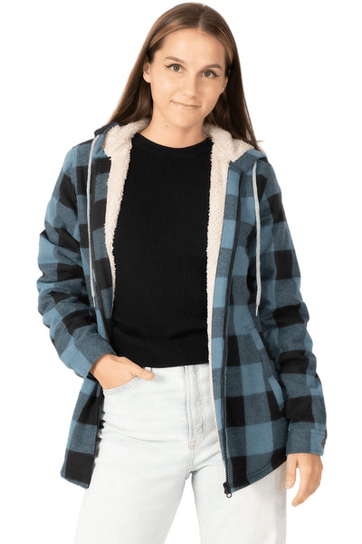 Women's Sherpa-Lined Flannel Jacket Full Zip Up Hooded Plaid Shirt