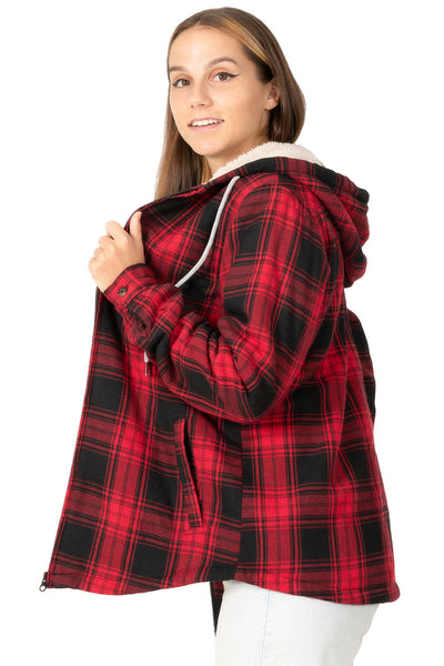 Women's Sherpa-Lined Flannel Jacket Full Zip Up Hooded Plaid Shirt