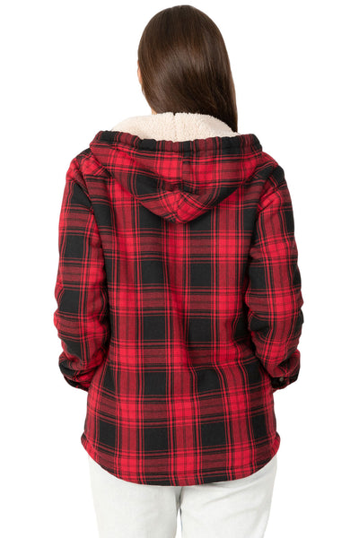 Women's Sherpa-Lined Flannel Jacket Full Zip Up Hooded Plaid Shirt