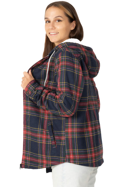 Women's Sherpa-Lined Flannel Jacket Full Zip Up Hooded Plaid Shirt