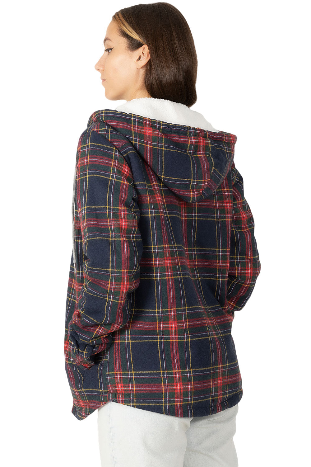 Women's Sherpa-Lined Flannel Jacket Full Zip Up Hooded Plaid Shirt