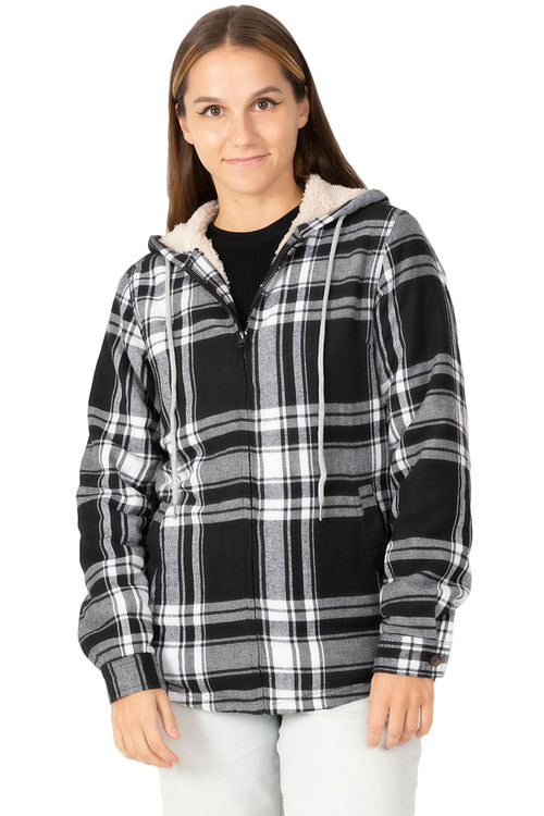 Women's Sherpa-Lined Flannel Jacket Full Zip Up Hooded Plaid Shirt