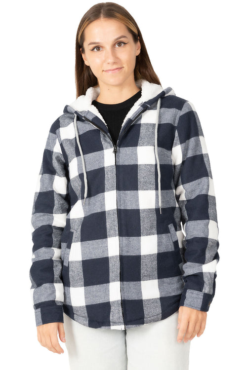 Women's Sherpa-Lined Flannel Jacket Full Zip Up Hooded Plaid Shirt