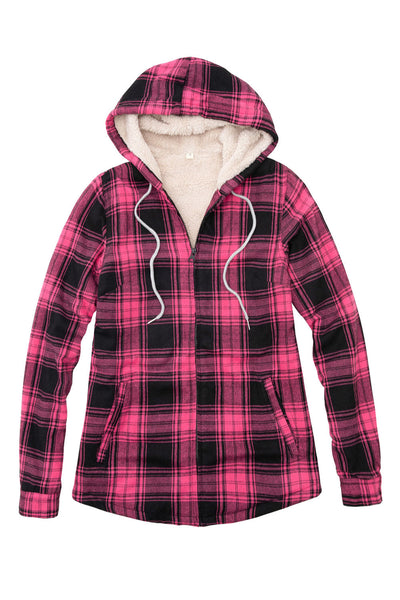 Women's Sherpa-Lined Flannel Jacket Full Zip Up Hooded Plaid Shirt