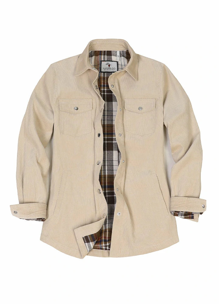 Women's Boyfriend Fit Flannel-Lined Long-Sleeve Corduroy Shirt Jacket