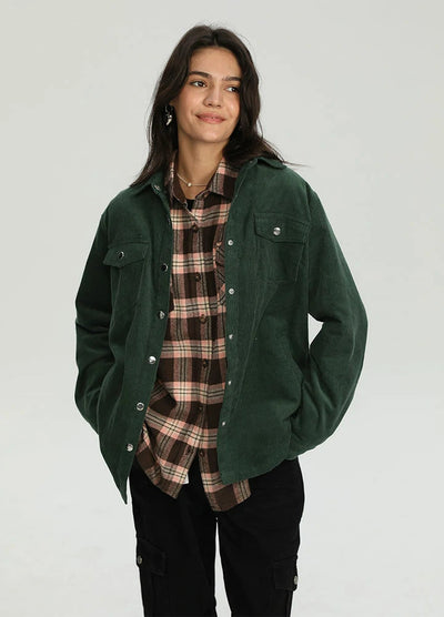 Women's Boyfriend Fit Flannel-Lined Long-Sleeve Corduroy Shirt Jacket