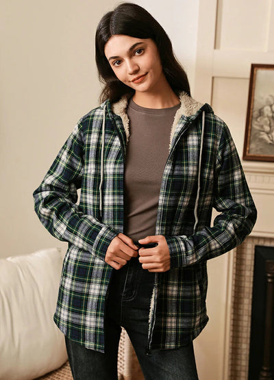 Women's Sherpa-Lined Flannel Jacket Full Zip Up Hooded Plaid Shirt