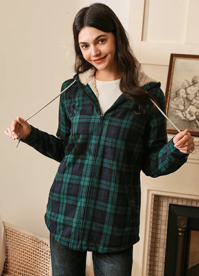 Women's Sherpa-Lined Flannel Jacket Full Zip Up Hooded Plaid Shirt